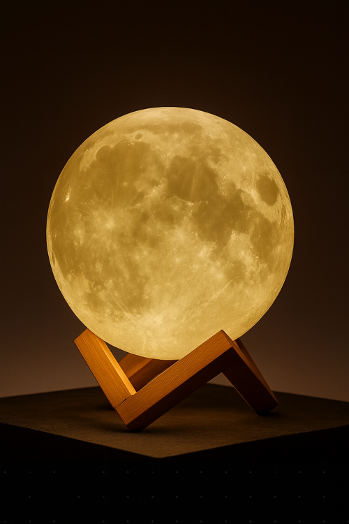 3D Mondlampe mit Einstellbarem LED-Licht und Holzständer – USB-Wiederaufladbar