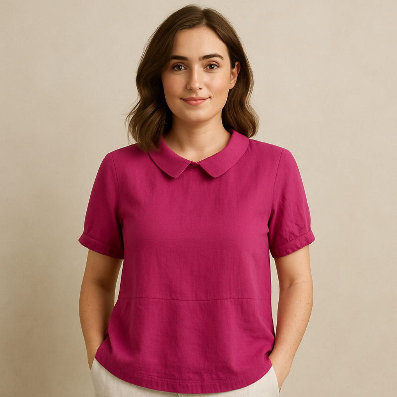 Damesblouse Korte Mouw met Bubikraag