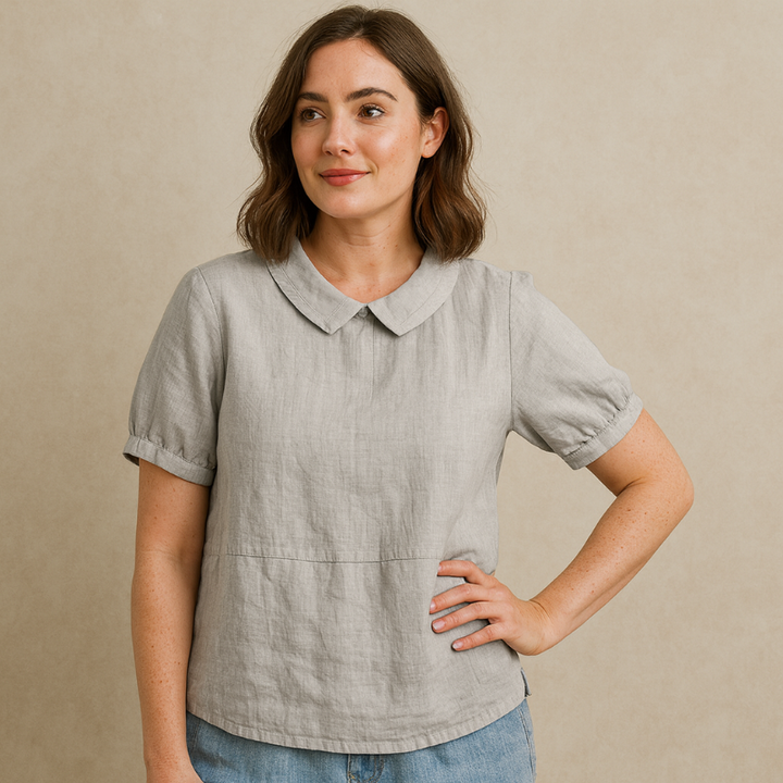 Damesblouse Korte Mouw met Bubikraag