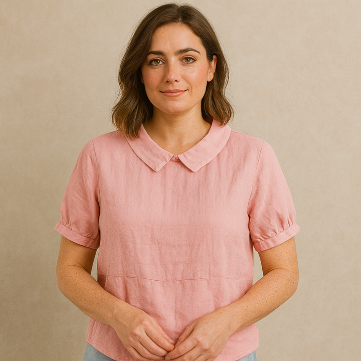 Damesblouse Korte Mouw met Bubikraag
