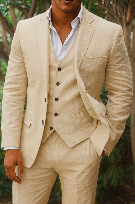 Drie-delig herenpakset van linnen - Blazer, Vest en Broek, ideaal voor bruiloften en formele gelegenheden