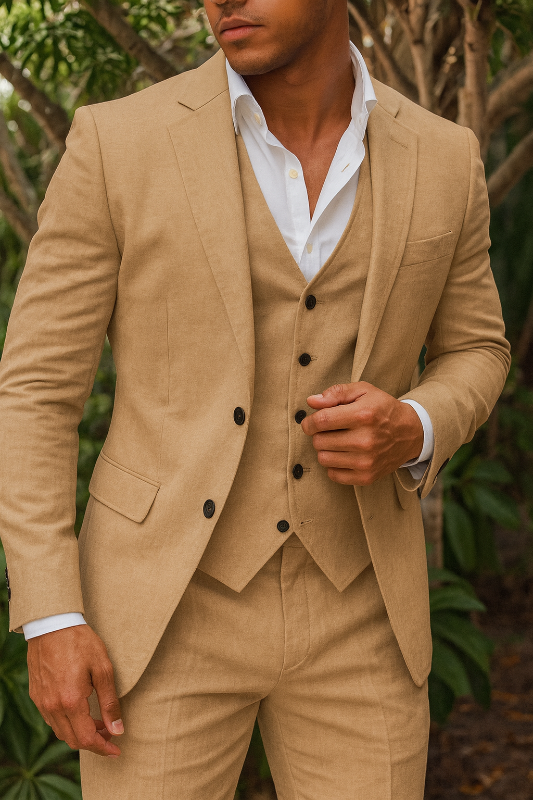Drie-delig herenpakset van linnen - Blazer, Vest en Broek, ideaal voor bruiloften en formele gelegenheden