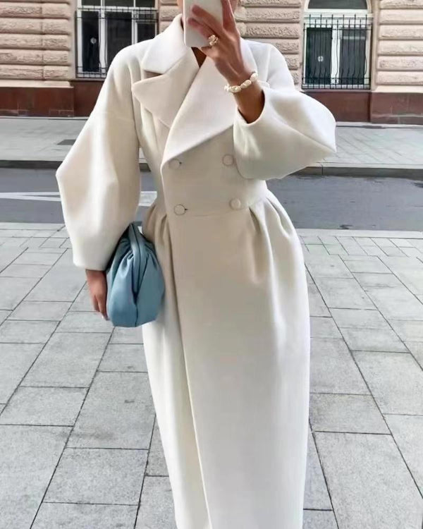 Classic Women's Long Wool Winter Coat with Oversized Lapel and Cinched Waist – Stylish and Warm for All Occasions 0