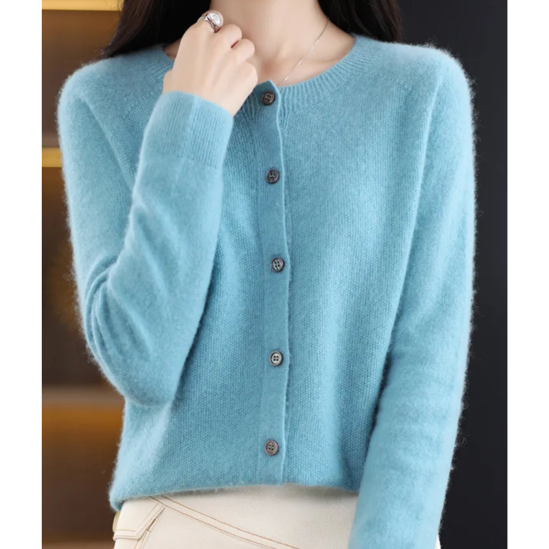 Damen Cardigan aus 100% Merino-Wolle – O-Hals Design, Atmungsaktiv, Bequem für jede Saison, Erhältlich in verschiedenen Größen und Farben 10