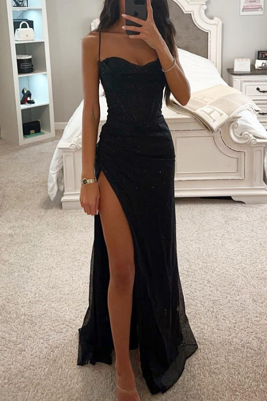 Damen Maxikleid Festlich mit Korsett und Pailletten, Schwarz - Elegantes Hochzeitsgast Kleid 0