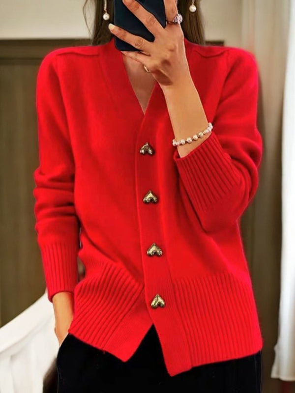 Damen Strickjacke – Lässiger V-Ausschnitt mit Herzknöpfen für den Alltag 2