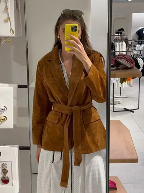 Damenmantel aus PU mit Gürtel und Taschen – Langer Mantel für den Herbst mit Reverskragen und langen Ärmeln 1