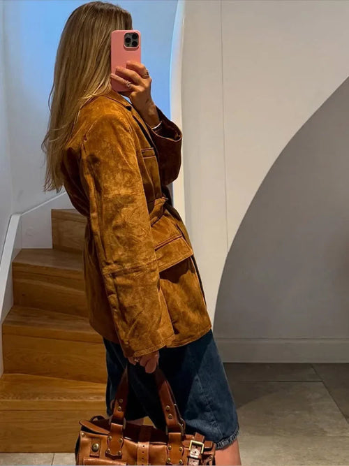 Damenmantel aus PU mit Gürtel und Taschen – Langer Mantel für den Herbst mit Reverskragen und langen Ärmeln 3