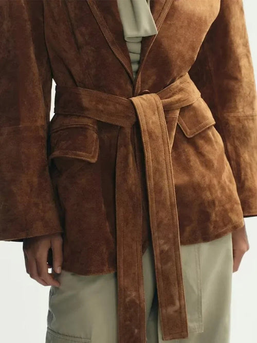 Damenmantel aus PU mit Gürtel und Taschen – Langer Mantel für den Herbst mit Reverskragen und langen Ärmeln 4