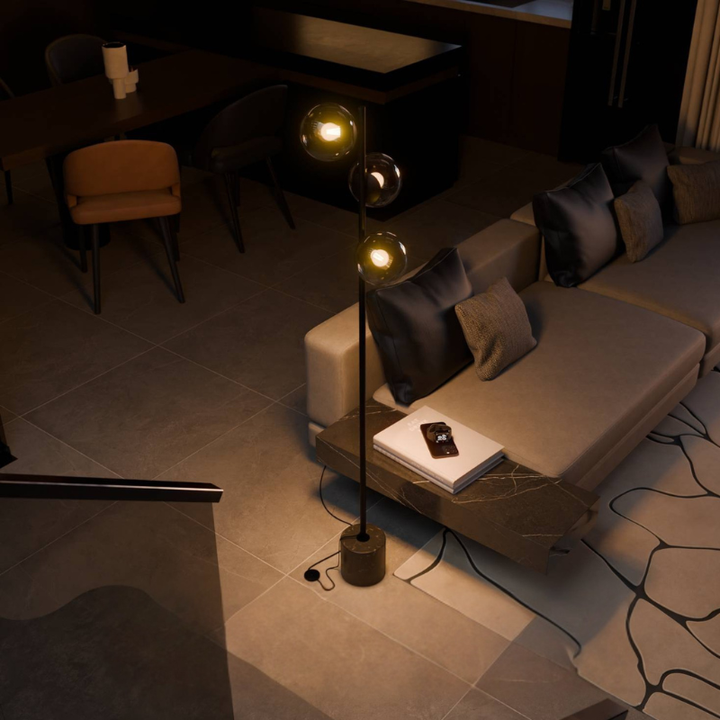 Moderne Stehlampe mit Opalglaskugeln und Steinfuß