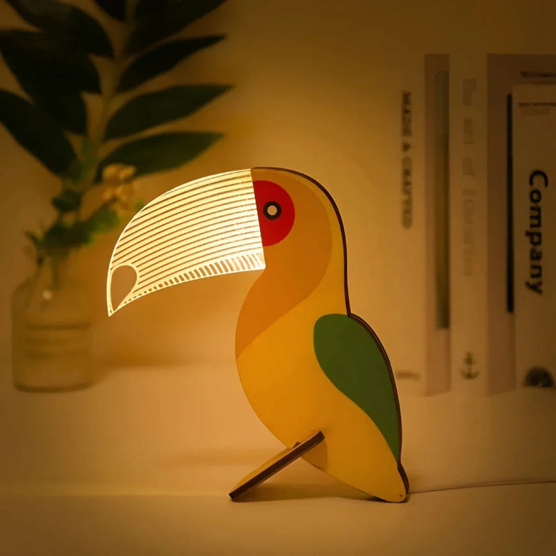 Holztischlampe mit Tiermotiven – USB-LED Nachttischlampe für Kinderzimmer, Sanftes Licht, Acryl und Holz, Touch-Schalter 0