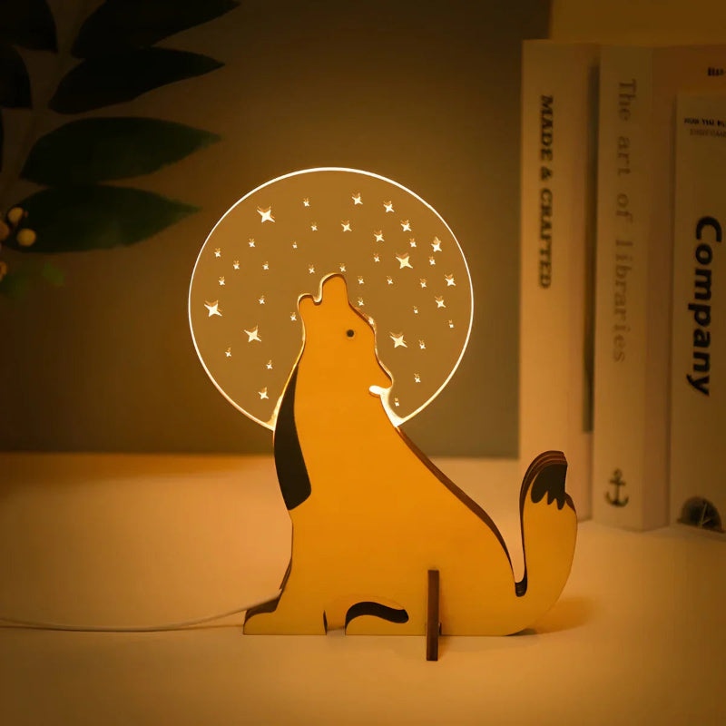 Holztischlampe mit Tiermotiven – USB-LED Nachttischlampe für Kinderzimmer, Sanftes Licht, Acryl und Holz, Touch-Schalter 5