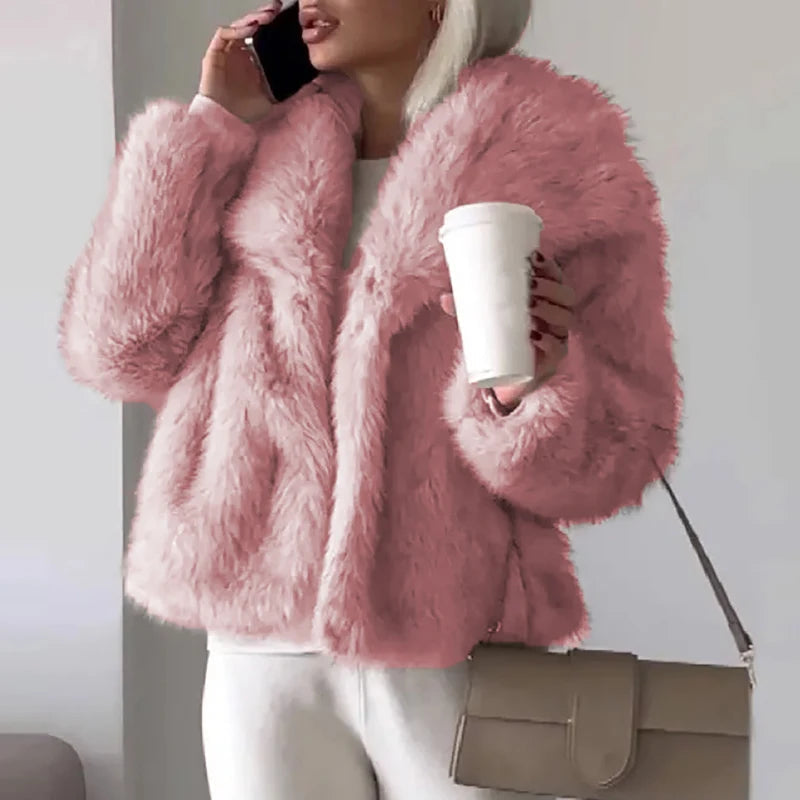 Kurze Damenjacke aus Kunstpelz für Herbst und Winter – Elegante Jacke für kühle Tage, Maschinenwaschbar, Bequeme Passform 0