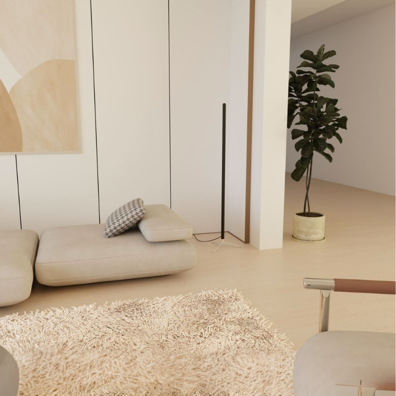 Schlanke Eckstehlampe mit seitlich indirekter LED-Beleuchtung