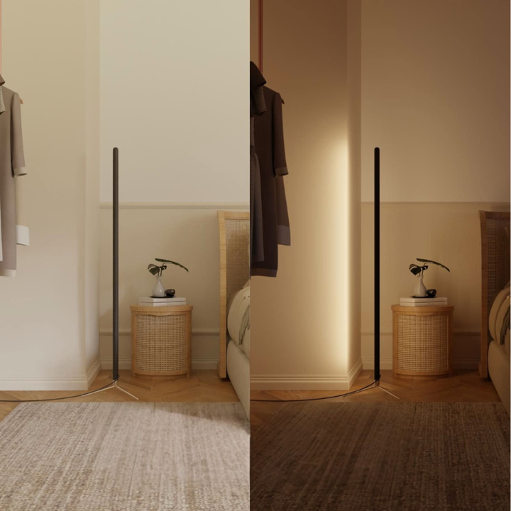 Schlanke Eckstehlampe mit seitlich indirekter LED-Beleuchtung