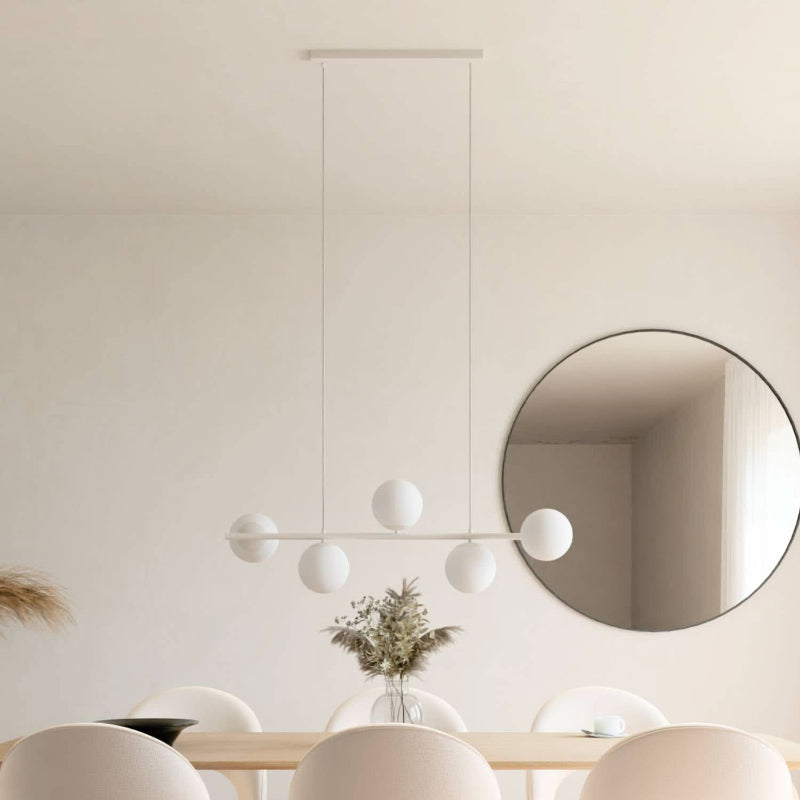 Modern Pendant Lamp for Dining Area - Elegant 100 cm Lighting Fixture with Five Opal Glass Spheres 0