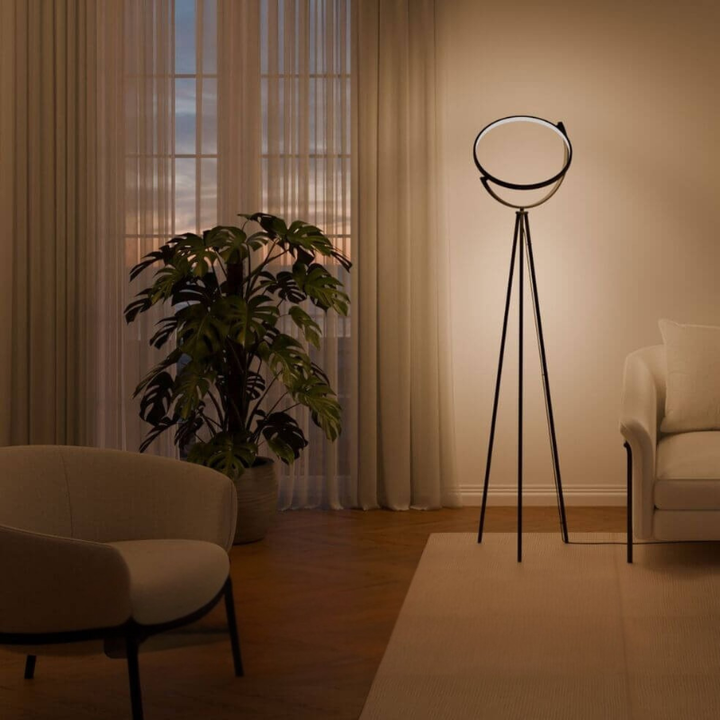 Moderne Stativ-Stehleuchte mit Rundem LED-Rahmen