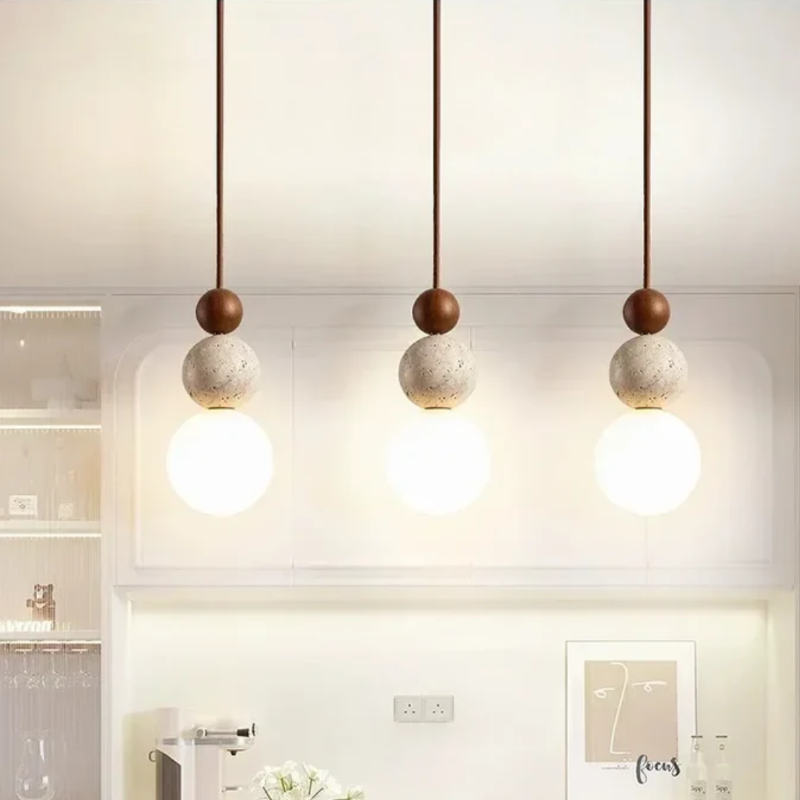 Moderne Pendelleuchte aus Travertin und Mahagoni – Hängelampe für Esszimmer, Wohnzimmer und Küche 1