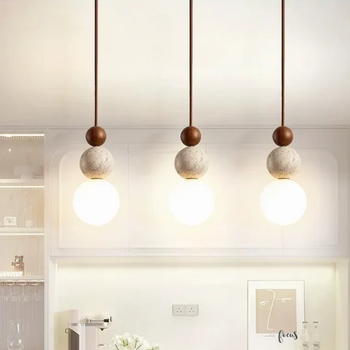 Moderne Pendelleuchte aus Travertin und Mahagoni – Hängelampe für Esszimmer, Wohnzimmer und Küche 1