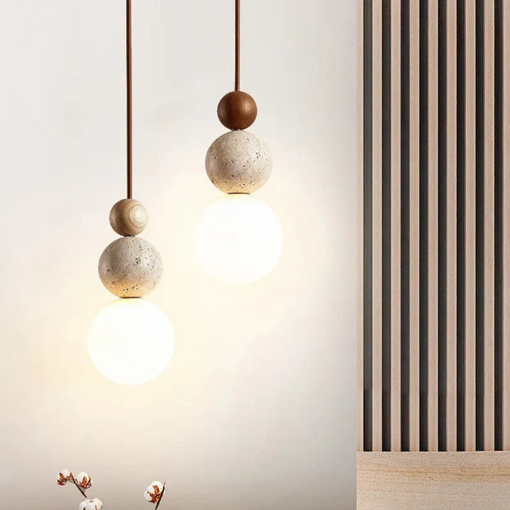 Moderne Pendelleuchte aus Travertin und Mahagoni – Hängelampe für Esszimmer, Wohnzimmer und Küche 3