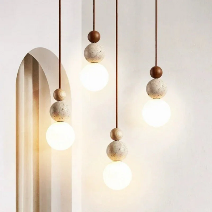 Moderne Pendelleuchte aus Travertin und Mahagoni – Hängelampe für Esszimmer, Wohnzimmer und Küche 4