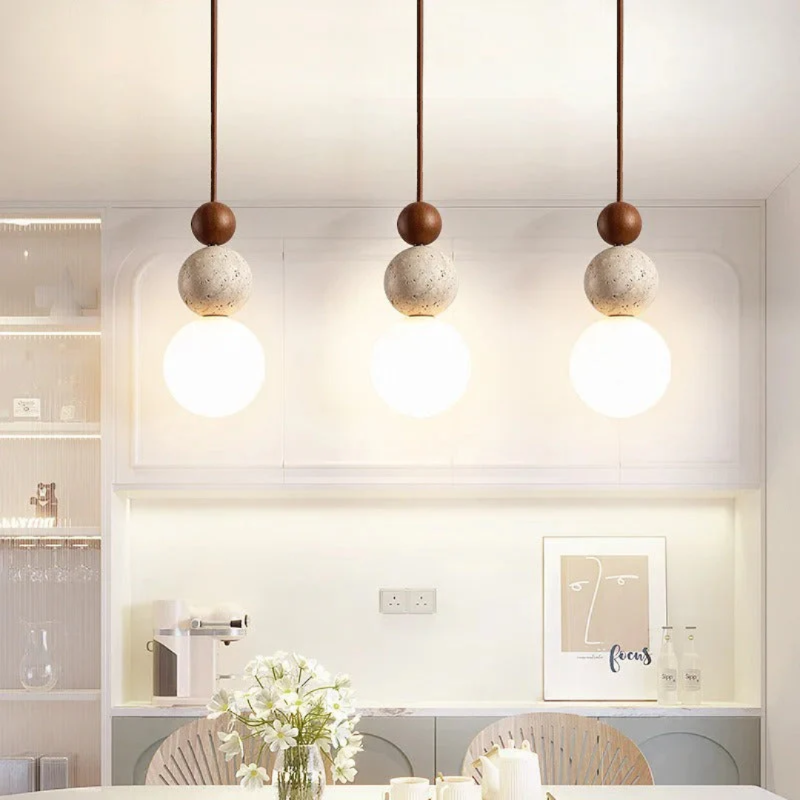 Moderne Pendelleuchte aus Travertin und Mahagoni – Hängelampe für Esszimmer, Wohnzimmer und Küche 5