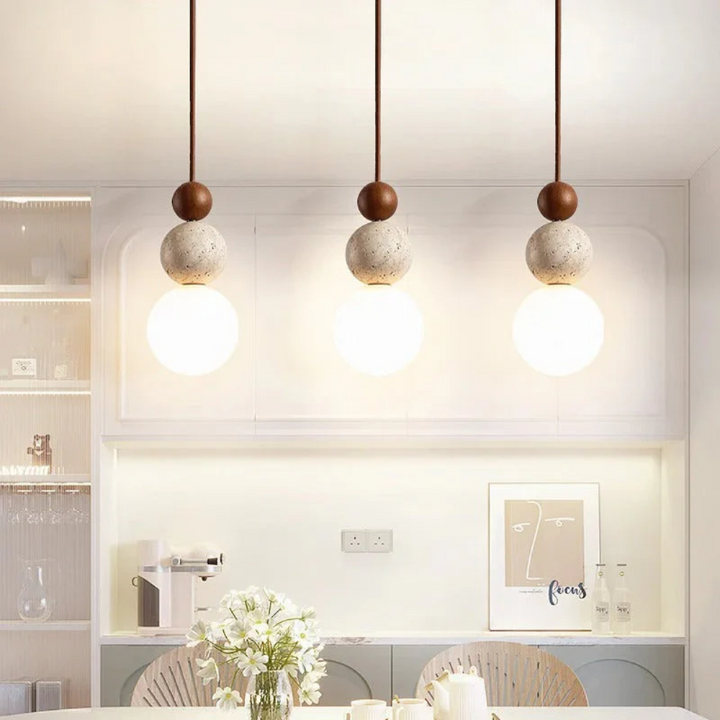 Moderne Pendelleuchte aus Travertin und Mahagoni – Hängelampe für Esszimmer, Wohnzimmer und Küche 5