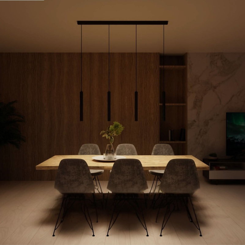 Pendelleuchte mit mehreren Lichtköpfen und verstellbaren Kabeln