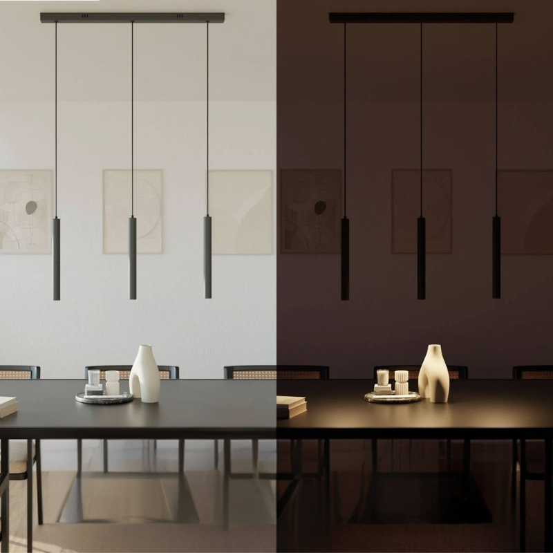 Pendelleuchte mit mehreren Lichtköpfen und verstellbaren Kabeln