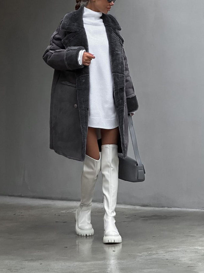 Plus Size Winter Coat for Women, Plush Fur Lining, Stylish Lapel Collar, Warm Teddy Coat, Mid-Length Design 0
