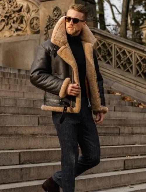 Sheepskin Pilot Jacket with Adjustable Fit and RAF Style Zippered Collar – Warm Genuine Sheepskin Outerwear 1