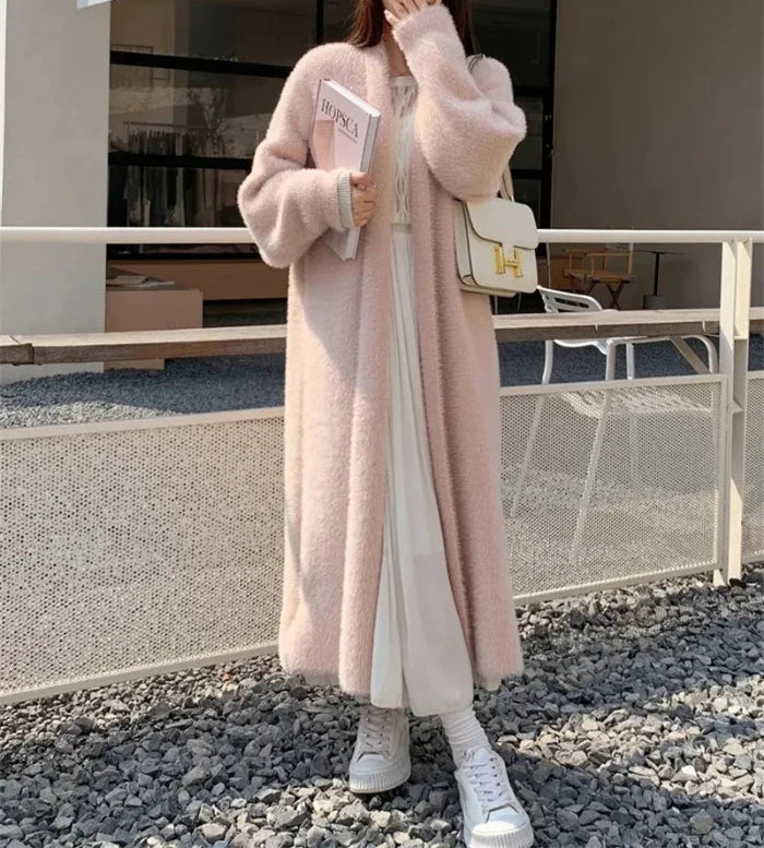 Damen Lange Strickjacke mit Offener Vorderseite und Langen Ärmeln