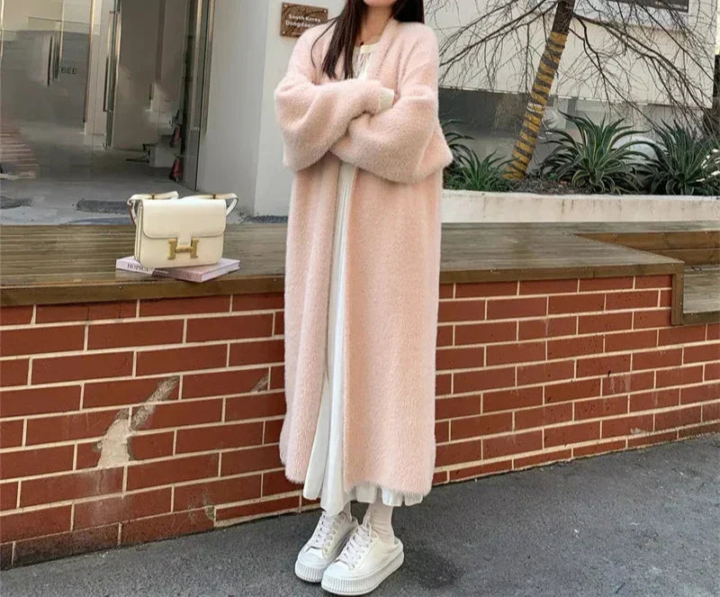 Damen Lange Strickjacke mit Offener Vorderseite und Langen Ärmeln