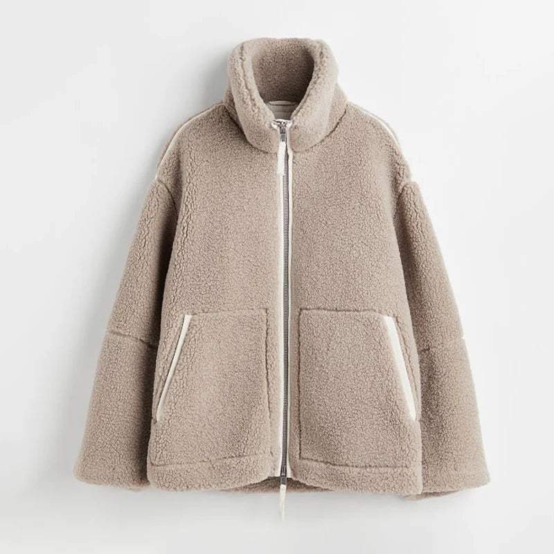 Übergroße Damenjacke aus Lammwolle mit hohem Kragen und Reißverschluss – Trendige Jacke für Streetwear und Freizeit 0