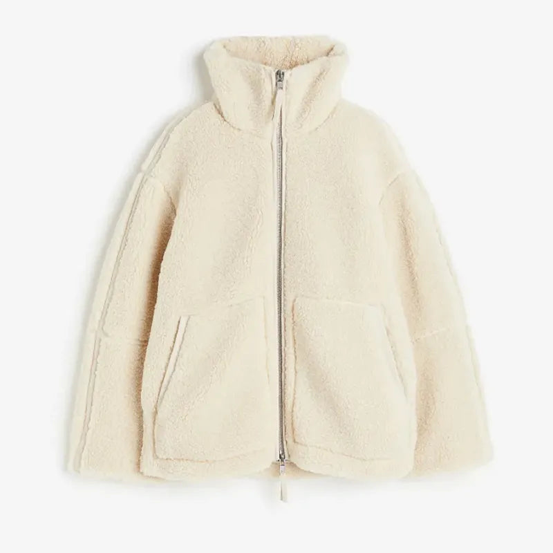 Übergroße Damenjacke aus Lammwolle mit hohem Kragen und Reißverschluss – Trendige Jacke für Streetwear und Freizeit 1