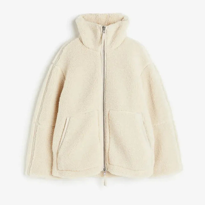 Übergroße Damenjacke aus Lammwolle mit hohem Kragen und Reißverschluss – Trendige Jacke für Streetwear und Freizeit 1