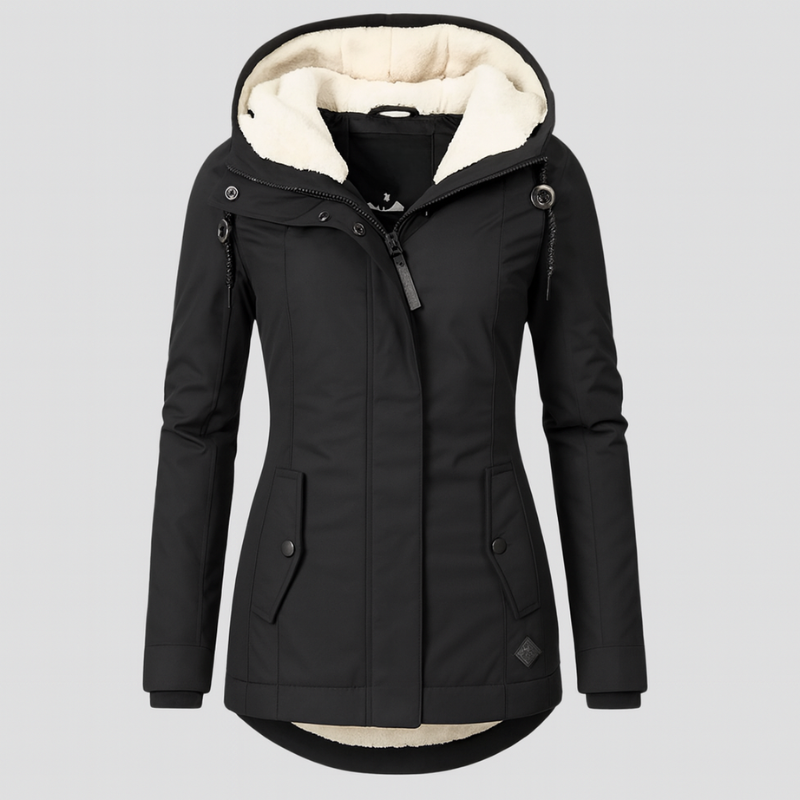 Winterjas voor dames met capuchon en knus voering – lange mouwen