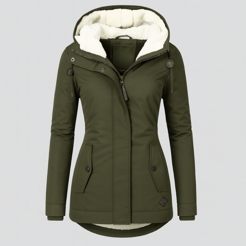 Winterjas voor dames met capuchon en knus voering – lange mouwen