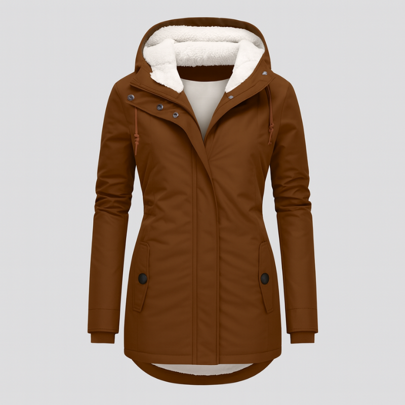 Winterjas voor dames met capuchon en knus voering – lange mouwen