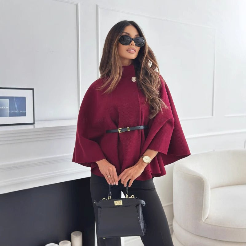 Women's Elegant Cape Coat with High Neck and Belted Waist – Stylish Winter Coat for Casual and Formal Wear 0