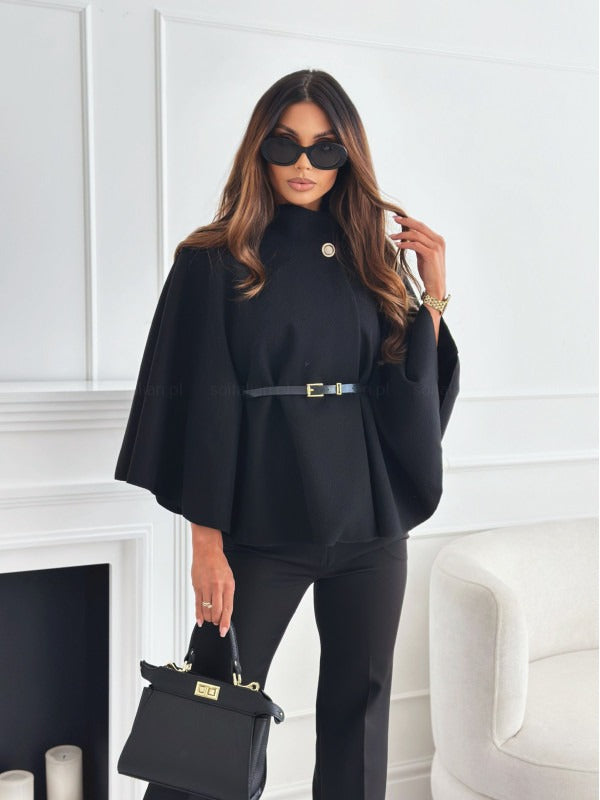 Women's Elegant Cape Coat with High Neck and Belted Waist – Stylish Winter Coat for Casual and Formal Wear 1