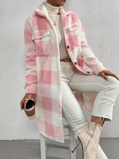 Women's Long Plaid Teddy Coat – Cozy Full-Length Winter Coat with Button Closure and Functional Pockets 0