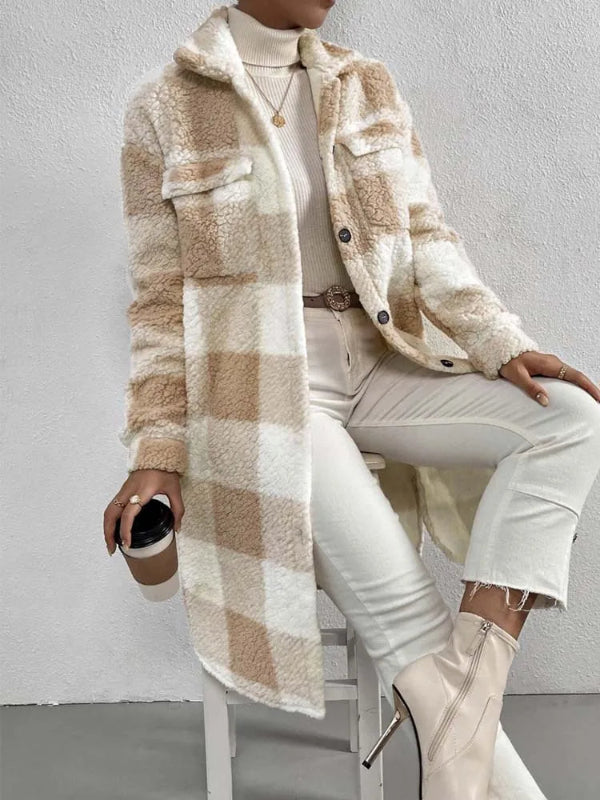 Women's Long Plaid Teddy Coat – Cozy Full-Length Winter Coat with Button Closure and Functional Pockets 3