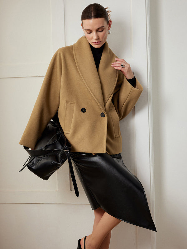 Women's Oversized Jacket with Double-Breasted Front and Side Pockets in Dark Gray and Beige 7