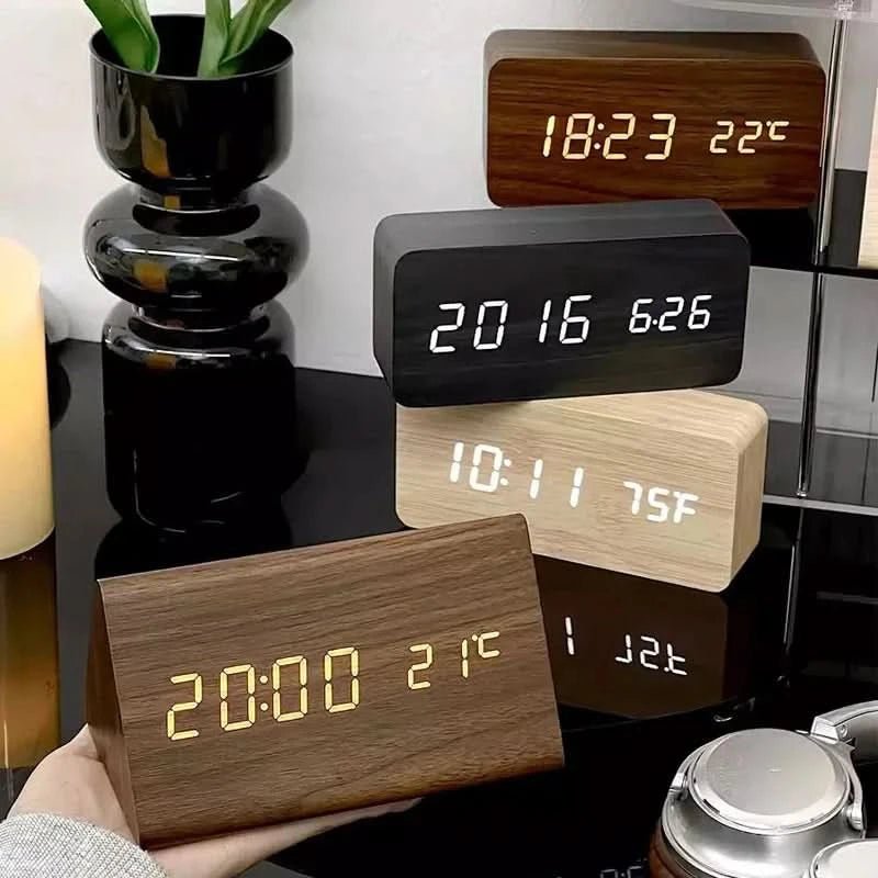Wood Effect Digital Alarm Clock with Customizable Alarms and Temperature Display 1
