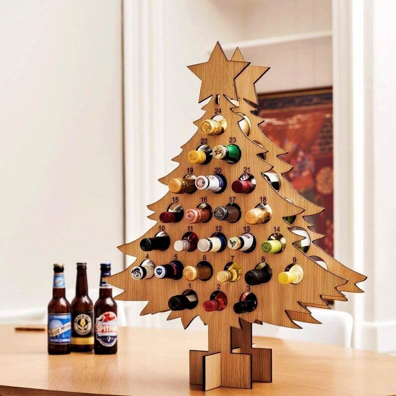Wooden Beer Advent Calendar – Customizable Christmas Countdown Tree for Men, Eco-Friendly Birch Wood Design 0